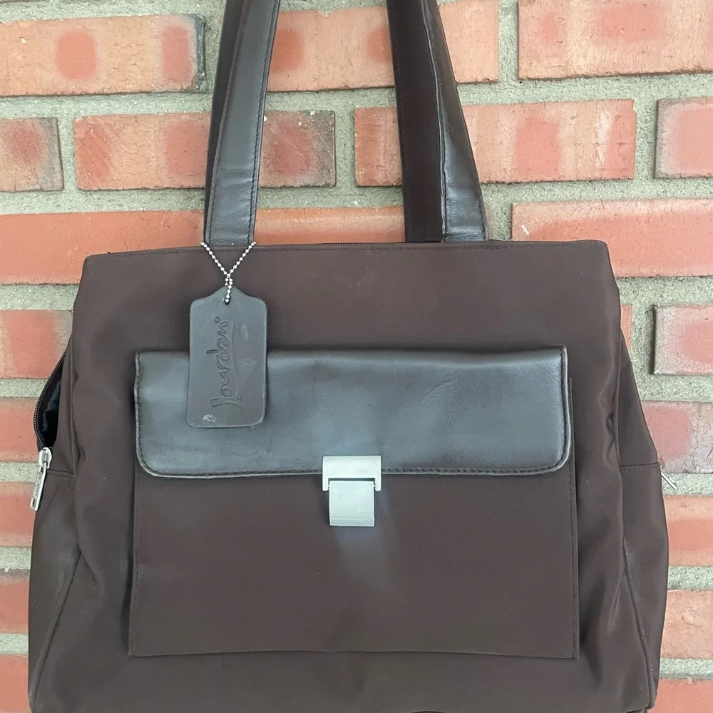 Jourdan vintage pradastyle Brown Leather Tote Bag 15” x12” zip button closure
